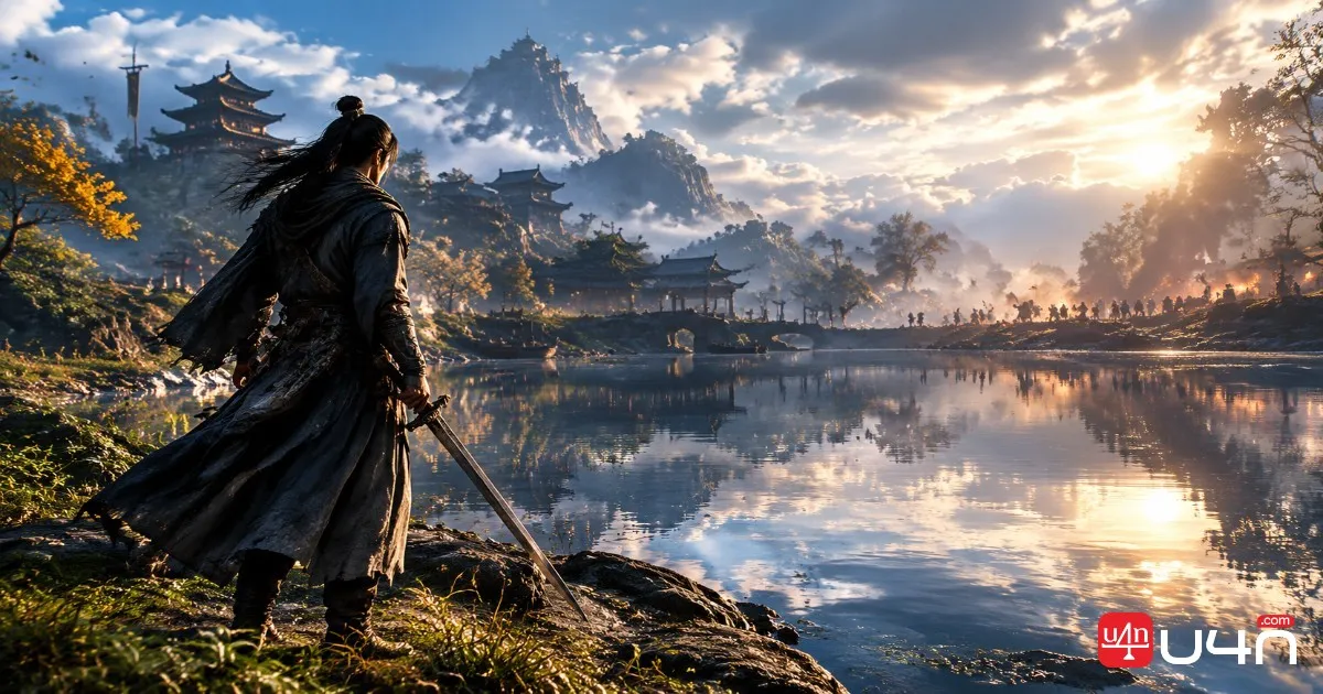 Where Winds Meet gameplay showing reflective water and detailed combat environments