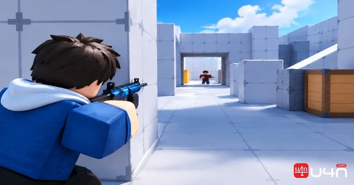 Gracz Roblox Rivals zawczasu celuje w narożnik, zza którego może wyjść przeciwnik