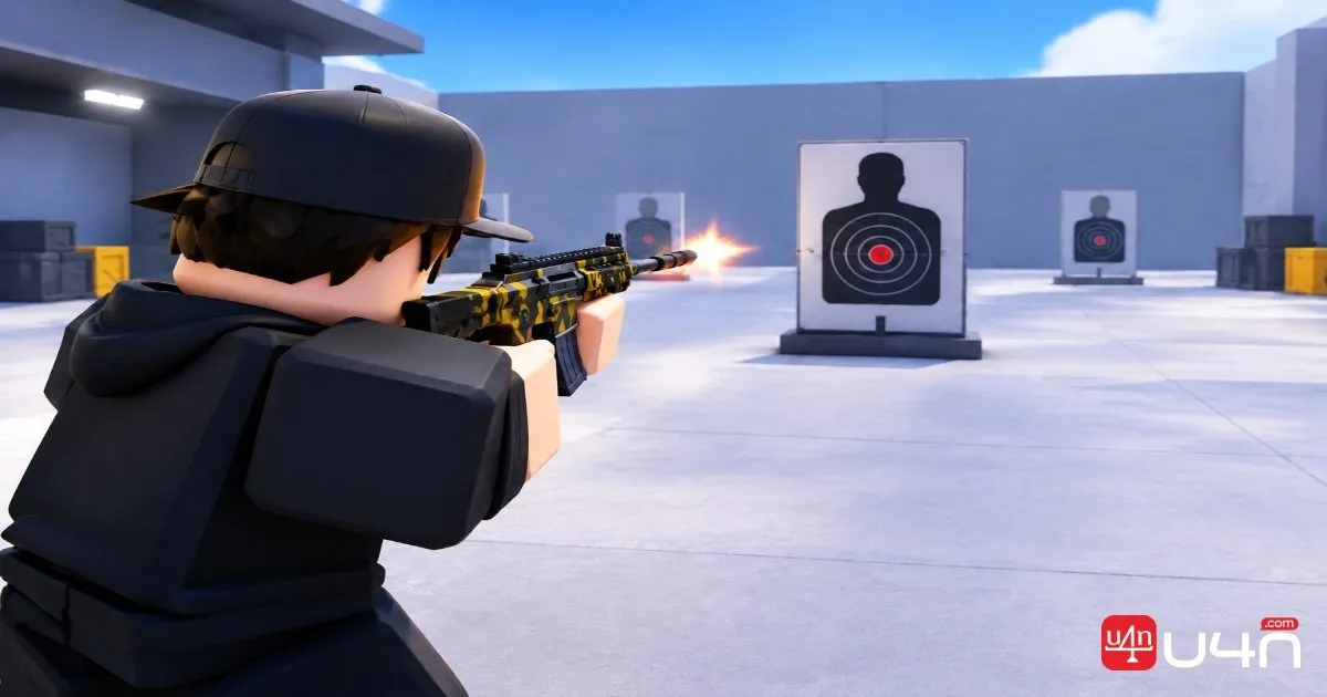 Postać w stylu Roblox ćwiczy kontrolowany ogień automatyczny do nieruchomego celu