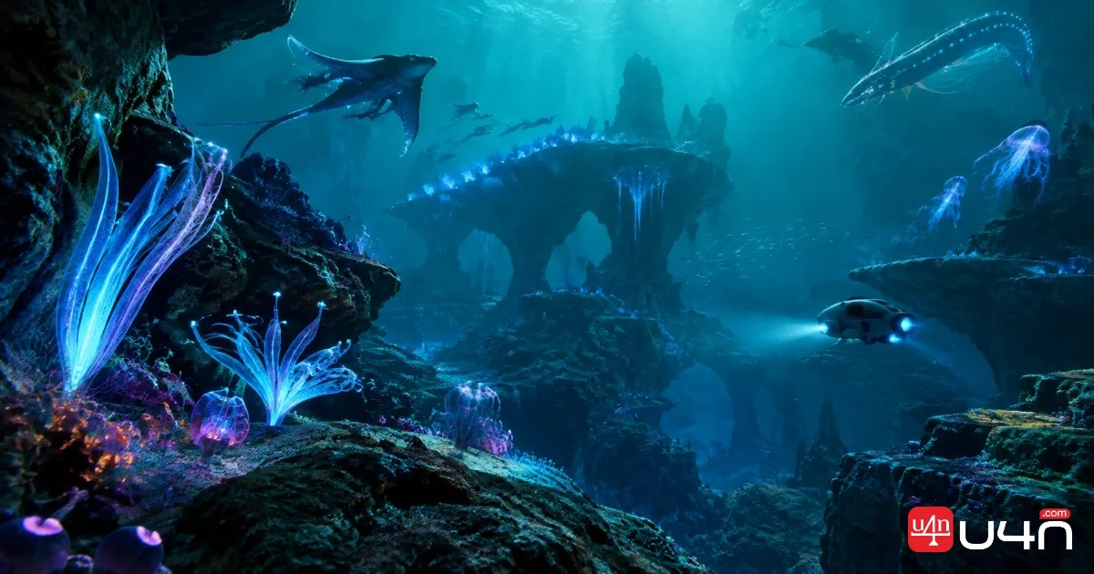 Subnautica 2의 어두운 지형과 생물 발광 해양 생물이 어우러진 신비로운 외계 수중 지역