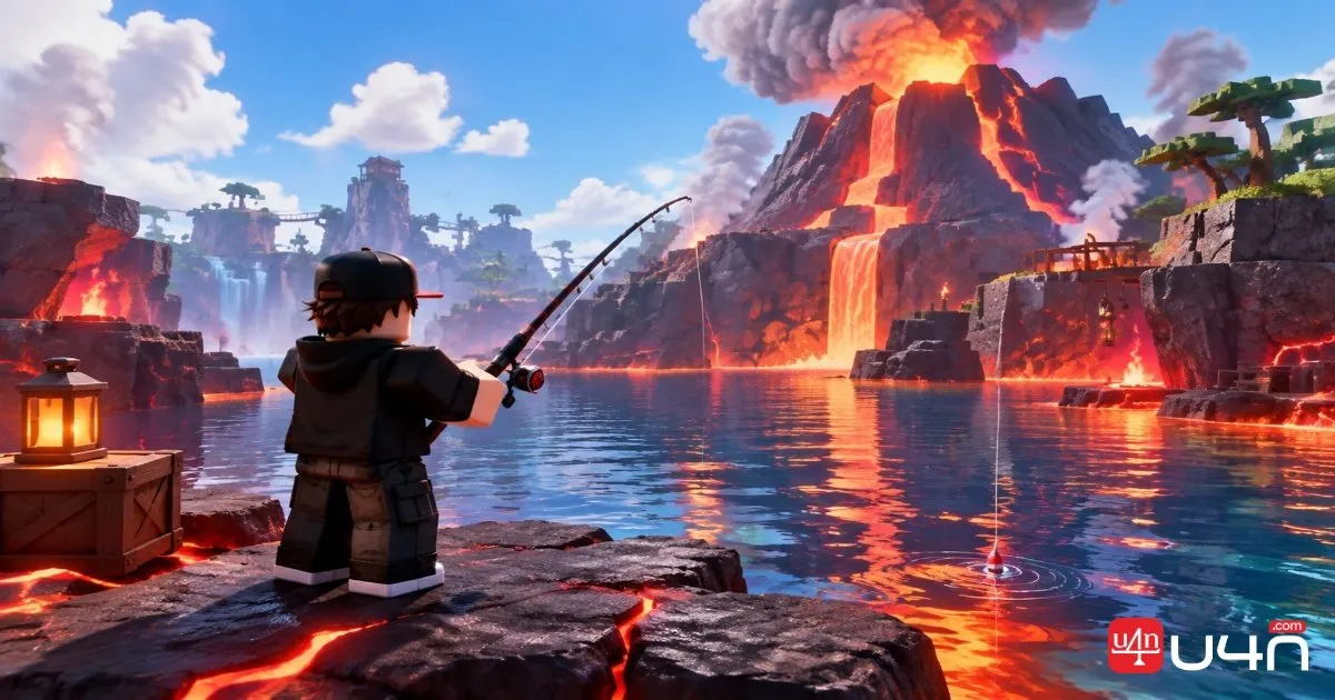 釣り竿を持つプレイヤーがいるRoblox Fish Itの火山釣り場