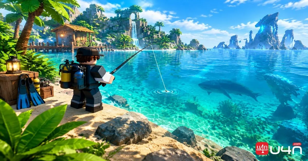 潜水装備と釣りをするキャラクターが映るFish ItのLost Isleの熱帯釣り場