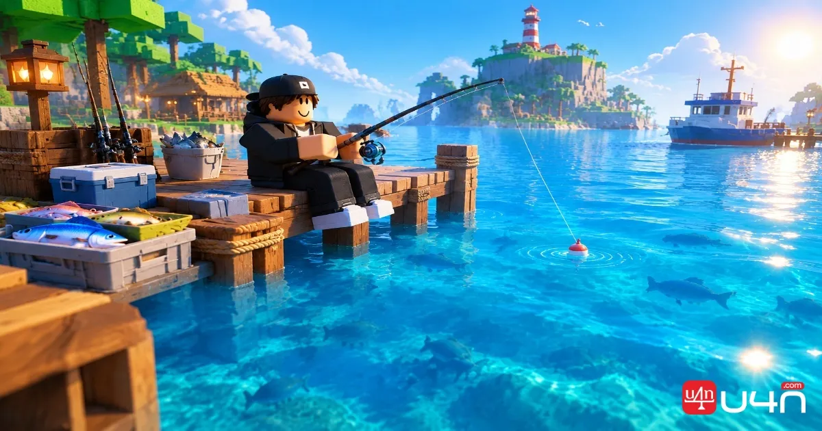 静かな島の桟橋で自動釣りをするRoblox Fish Itのキャラクター