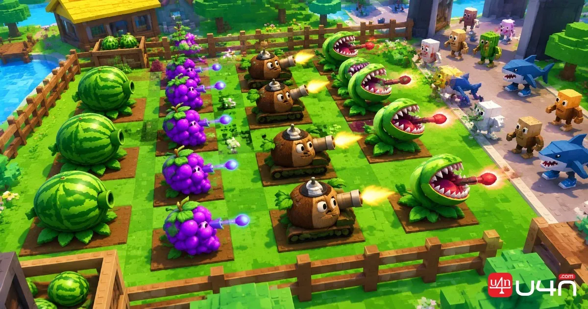 Midgame Plants vs Brainrots garden with upgraded plants covering multiple lanes