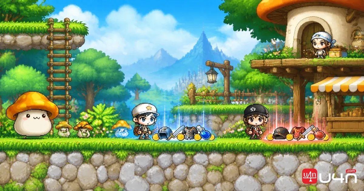 MapleStory Classic World characters and Mesos and equipment drops on the ground