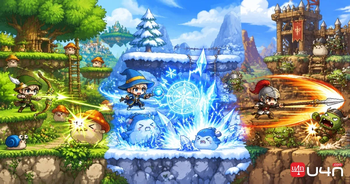 MapleStory Classic World Archer Wizard and Spearman characters using combat skills