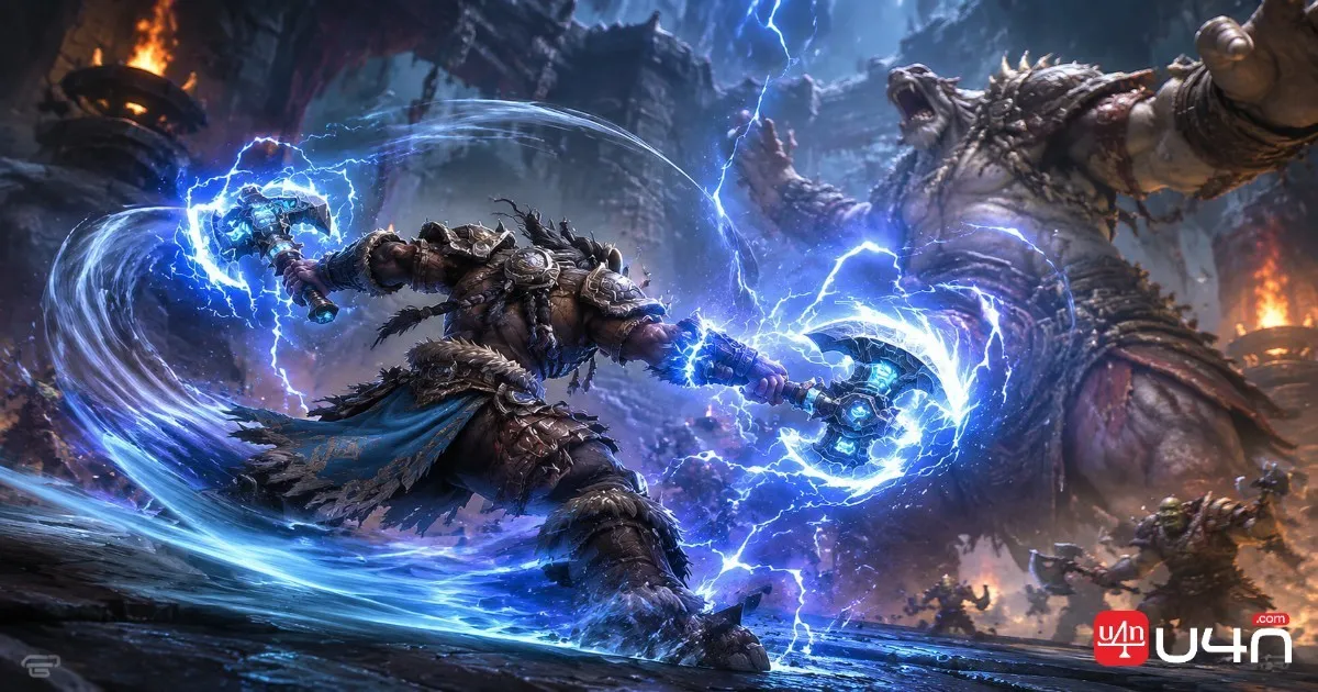 Enhancement Shaman fighting with enchanted weapons and lightning effects