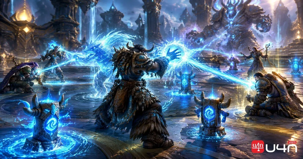 Restoration Shaman healing raid members with water magic and healing totems