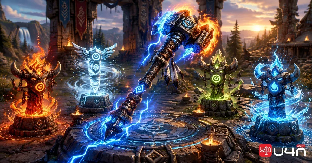 Shaman elemental totems and enchanted weapons arranged on a fantasy battlefield