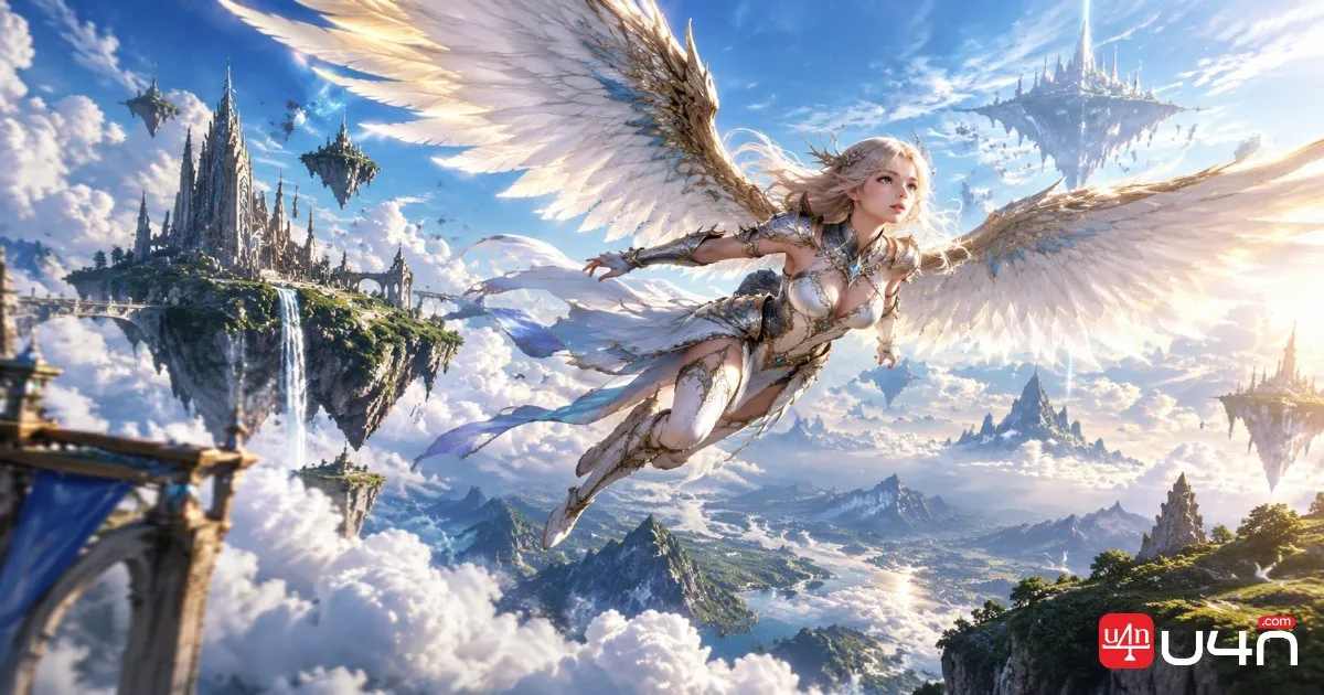 Aion 2 Daeva character flying through a fantasy landscape with wings