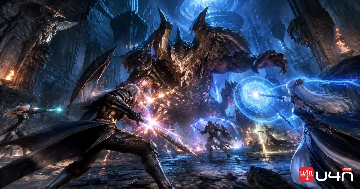 Aion 2 fantasy MMORPG party fighting a large dungeon boss