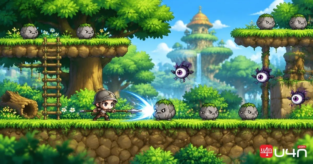 MapleStory Classic World Warrior fighting Junior Stone Ball and Curse Eye monsters