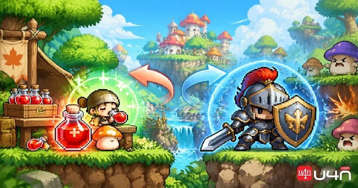 MapleStory Classic World Warrior with HP potions and defensive armor