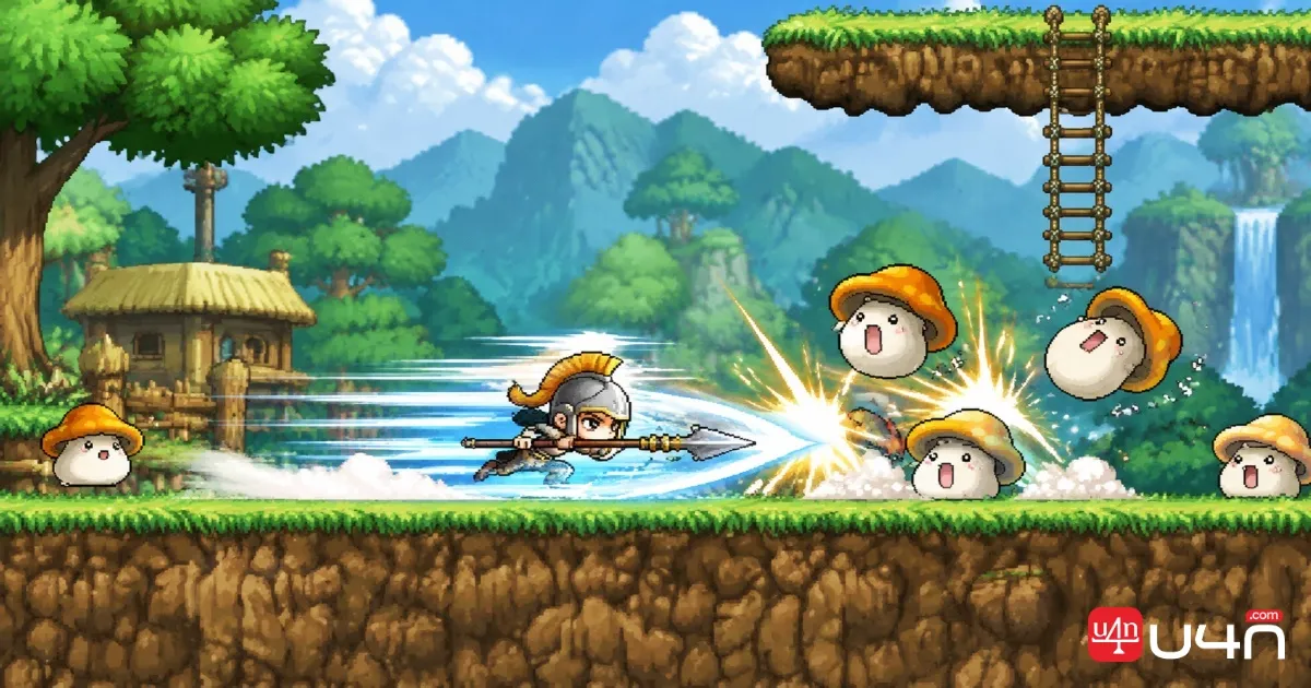 MapleStory Classic World Spearman using Rush to charge through monsters