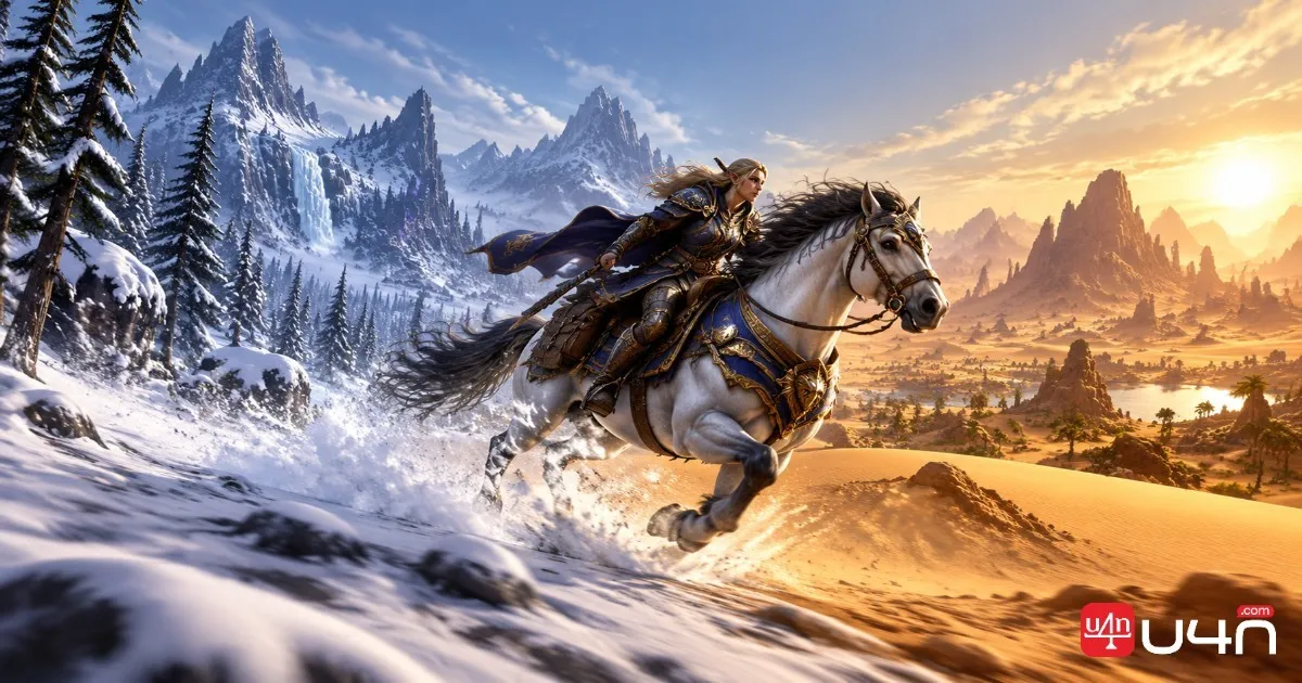 WoW Forever mounted adventurer traveling through snowy and desert regions