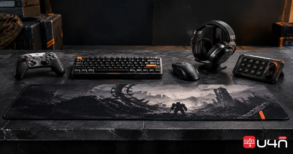 A coordinated collection of ARC Raiders-inspired gaming controllers, keyboard, mouse, headset, mouse pad, and streaming equipment