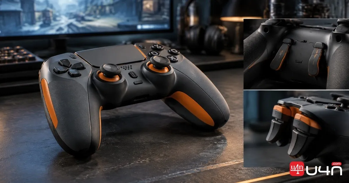 Close-up of a modern gaming controller highlighting its rear paddles, thumbsticks, triggers, and industrial design