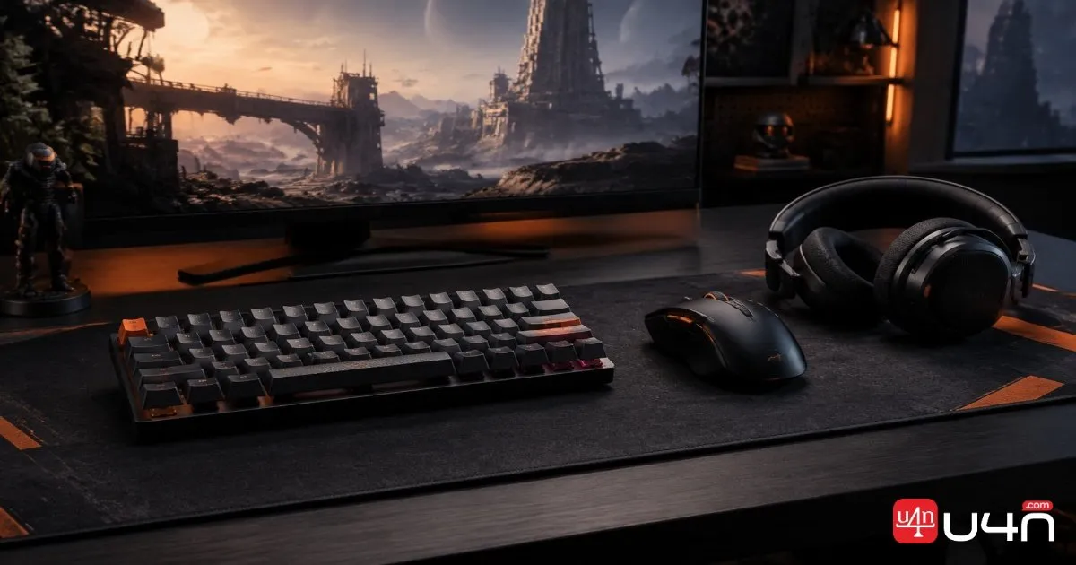 A PC gaming desk with a compact keyboard, wireless gaming mouse, headset, and large cloth mouse pad in an industrial-inspired setup