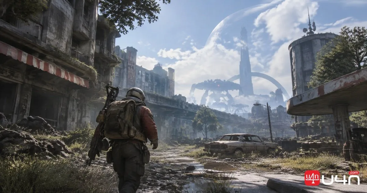 Um Raider solitário explora uma cidade em ruínas com máquinas ARC ao longe