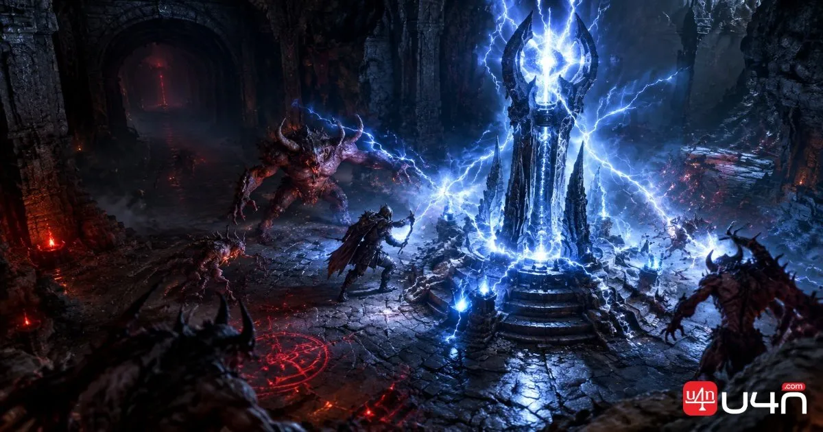 The Burning Butcher approaching an adventurer near a glowing Greed Shrine in a dark dungeon