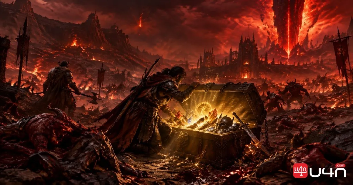 An adventurer opening a glowing treasure chest filled with magical Shards and materials in Helltide