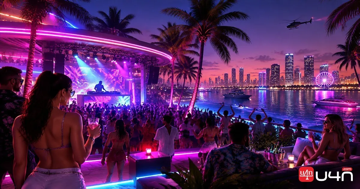 Nachtleben in Vice City aus GTA 6 mit Neonlichtern und elektronischer Musikatmosphäre