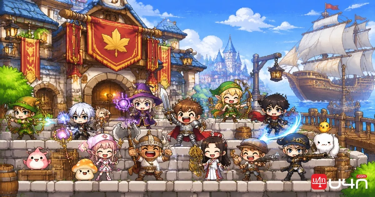 MapleStory Classic World guild members gathering in a town