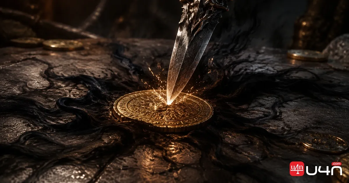 Path of Exile 2 Become the Darkness teaser featuring a dagger striking a coin as magical shadows spread across the surface