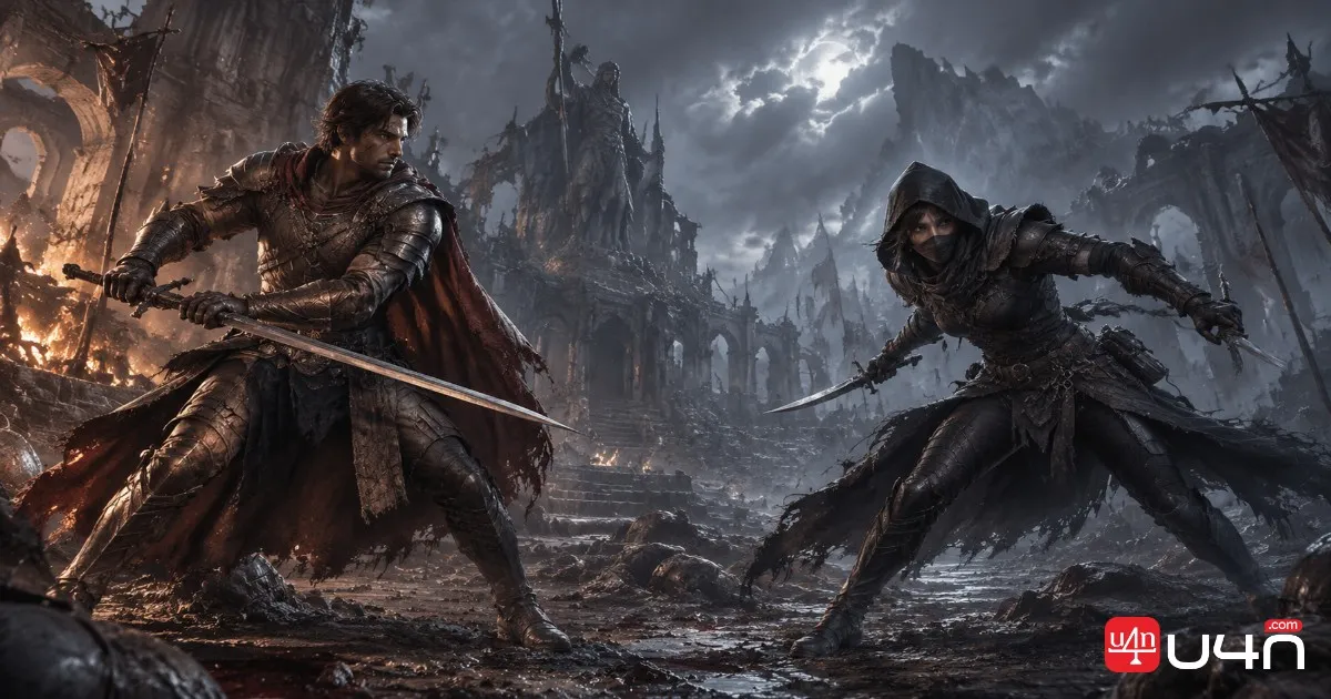 Dark fantasy Duelist sword fighter and Shadow dagger assassin representing two possible Path of Exile 2 character choices