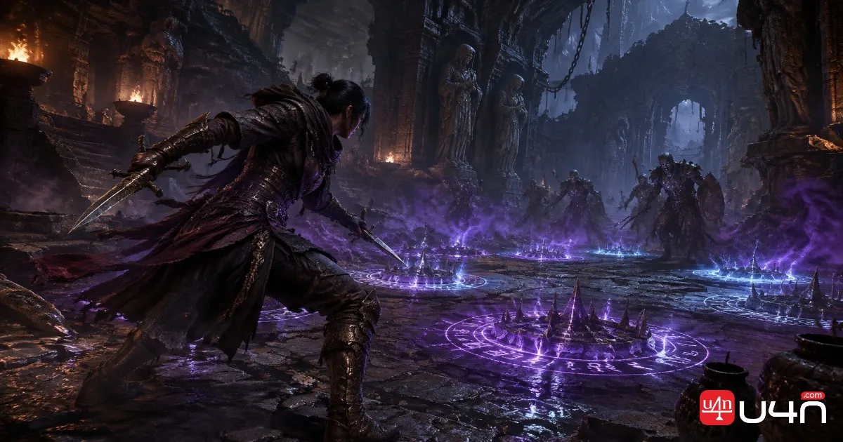 Path of Exile 2 style Shadow assassin holding dual daggers while preparing magical traps on a dark battlefield