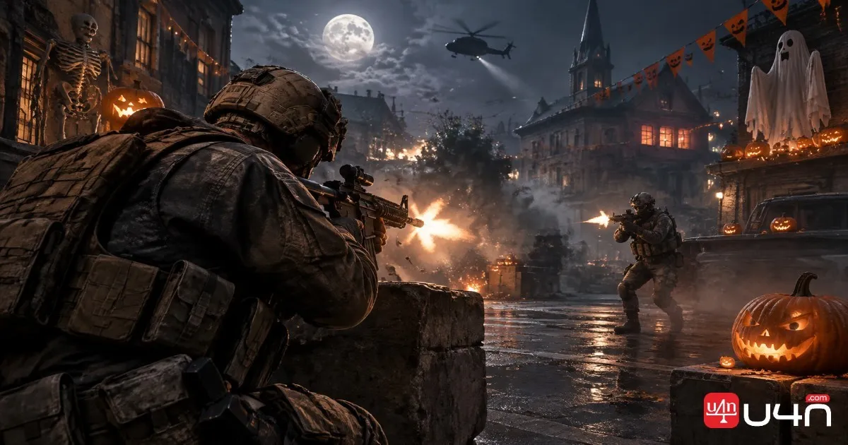 MW4 Possession Halloween Party Mode featuring modern soldiers in a nighttime battlefield