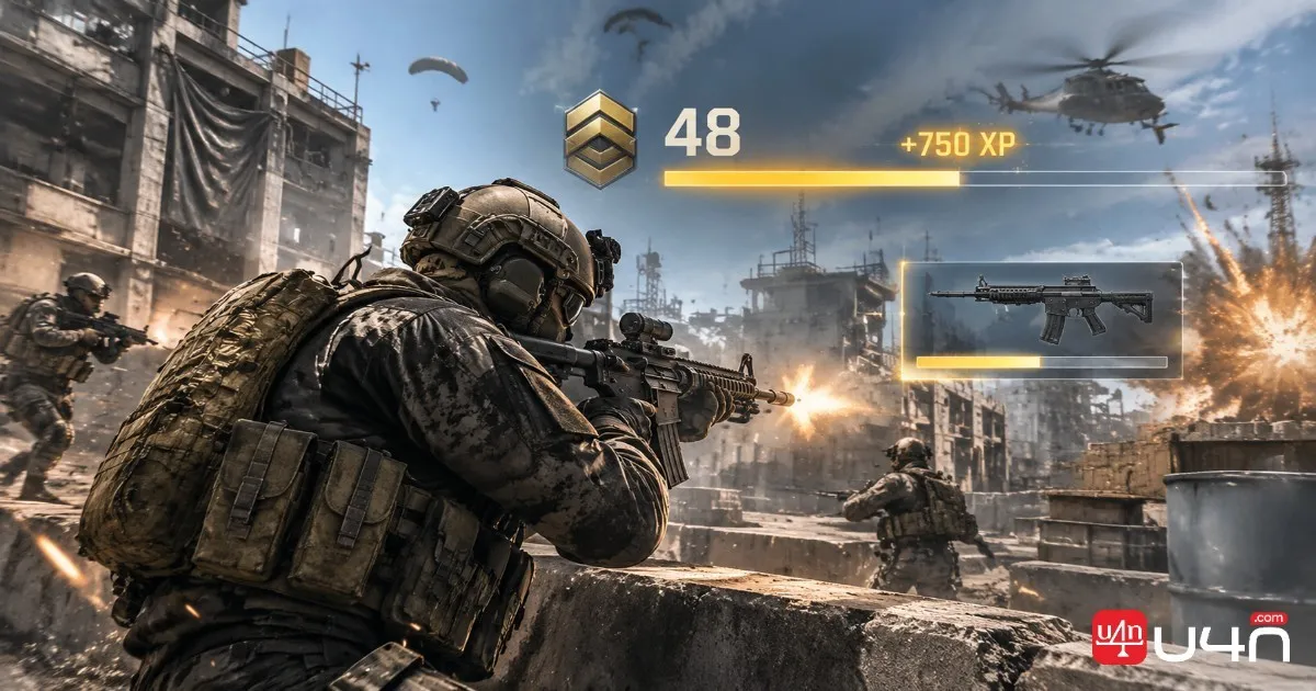 MW4 Multiplayer soldier fighting on the battlefield with XP progression interface