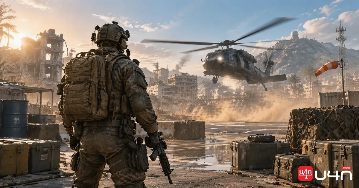 MW4 DMZ operator preparing for extraction with mission supplies and military helicopter