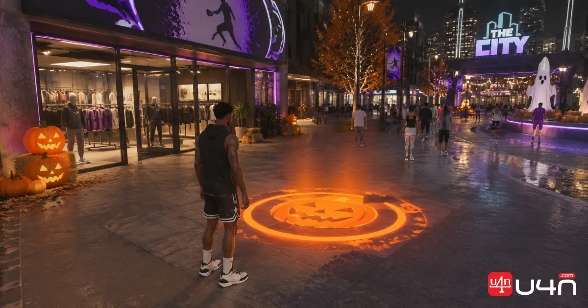NBA 2K27 The City Halloween Trick-or-Treat orange floor marker near storefronts