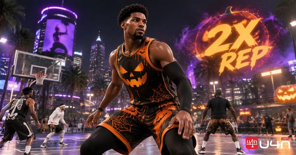 NBA 2K27 MyPLAYER wearing Halloween-themed basketball apparel on The Park court at night