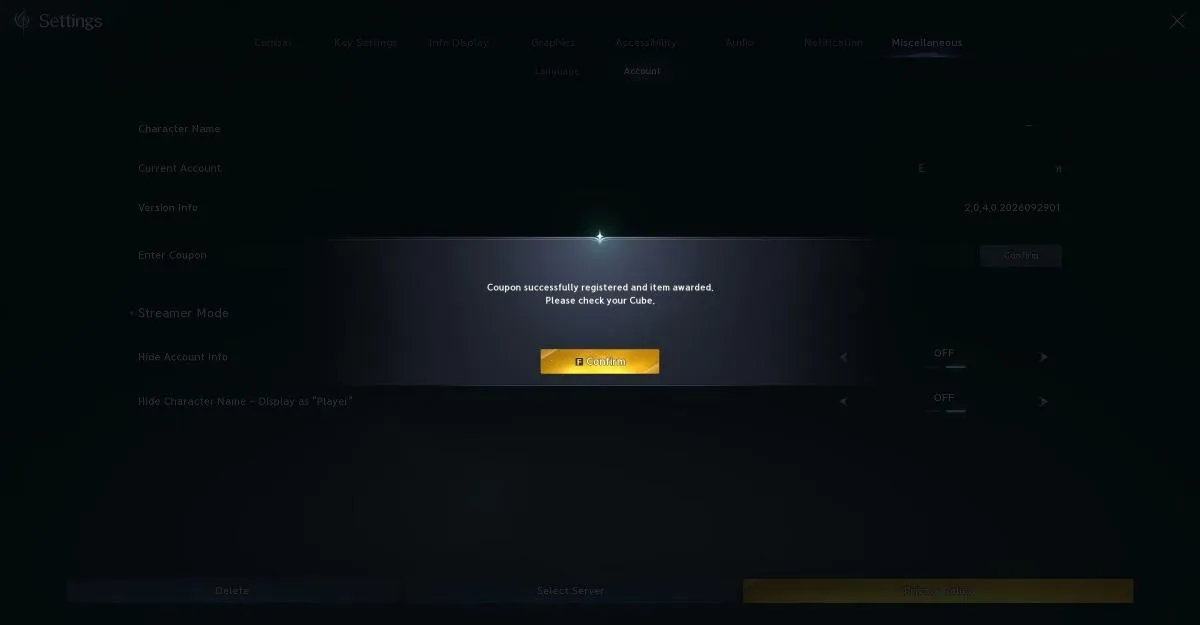 AION 2 message confirming the coupon was registered and the items were awarded
