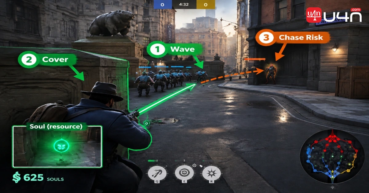 Annotated Deadlock lane screenshot highlighting the wave, cover, and a risky chase route