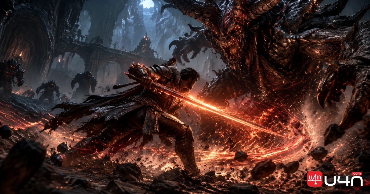 POE 2 Duelist-inspired sword warrior fighting a large dark fantasy monster