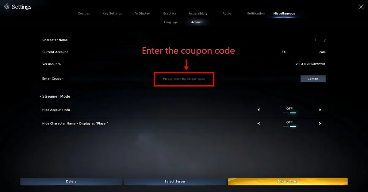 AION 2 Account settings page with the Enter Coupon field highlighted