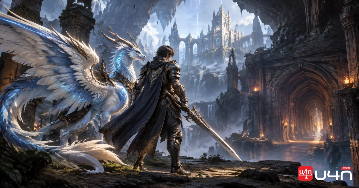Icarus Online warrior inspecting mythical armor and weapons in a fantasy equipment workshop