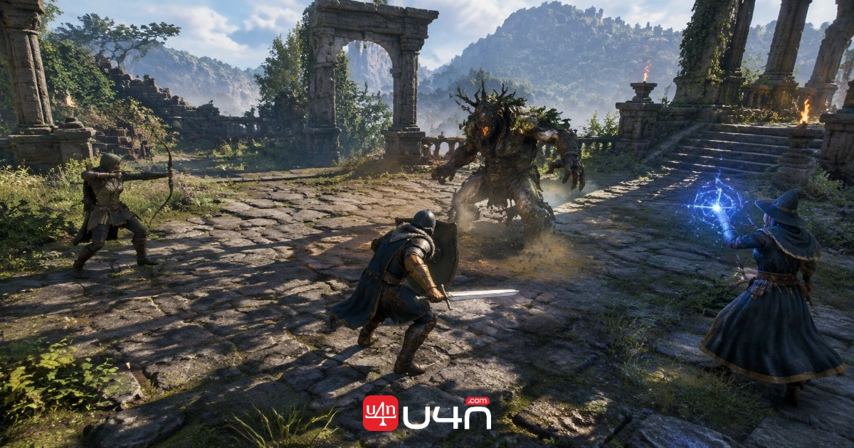 Three players fighting from close-range and ranged positions in a ruined courtyard
