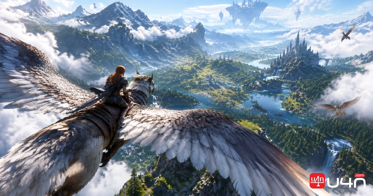 Icarus Online player riding a flying Fellow across a fantasy open world