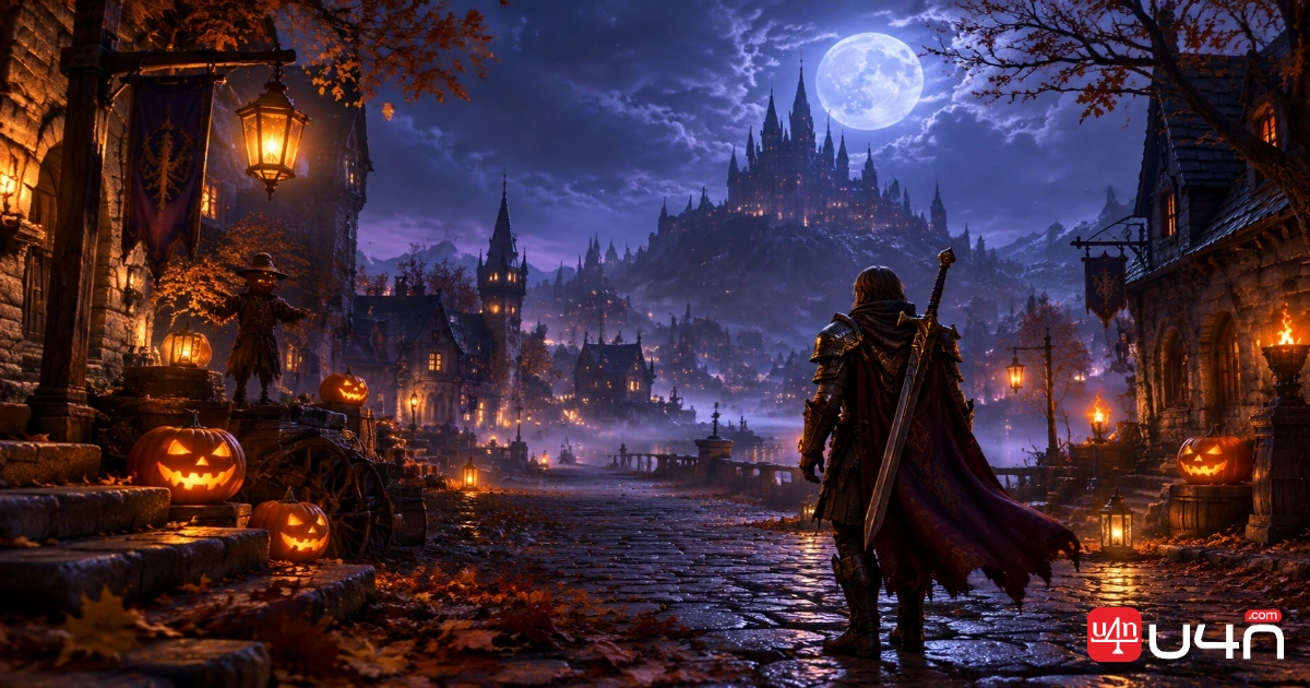 Adventurer exploring a spooky Hallow’s End town at night