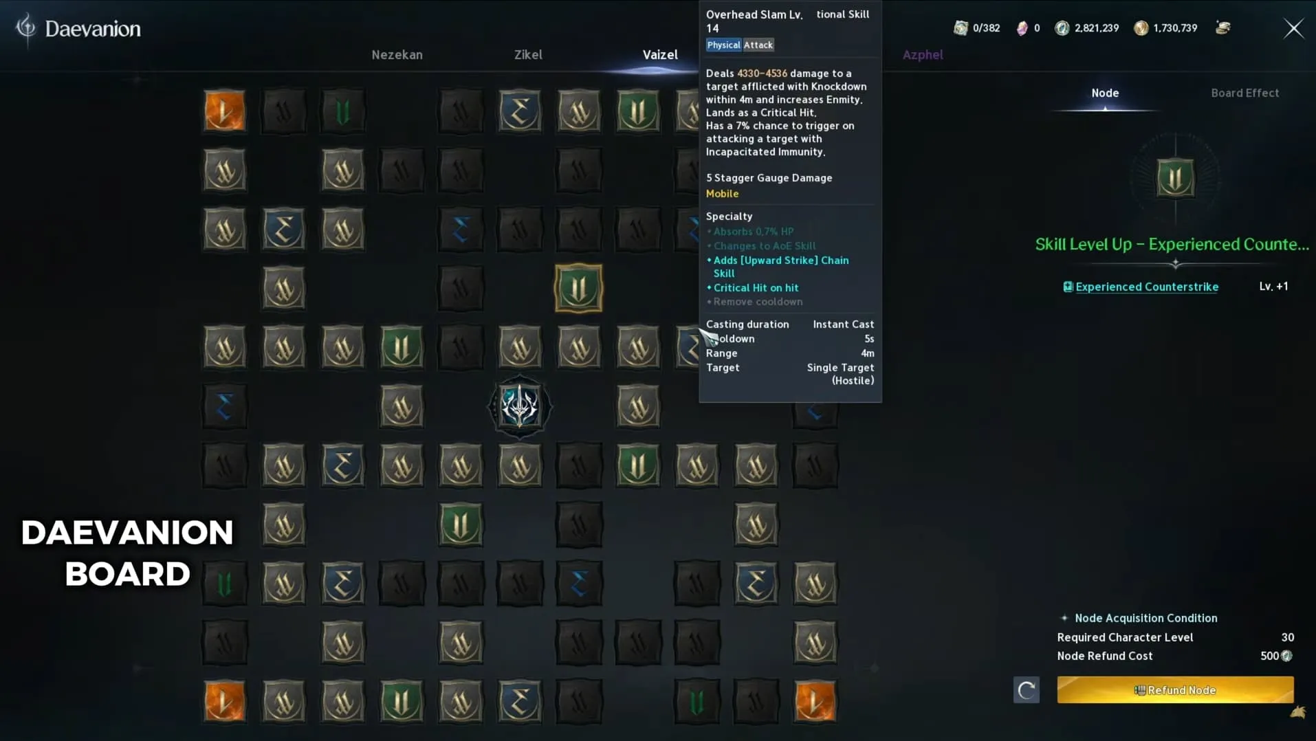 AION 2 Daevanion board with Overhead Slam and Experienced Counterstrike nodes