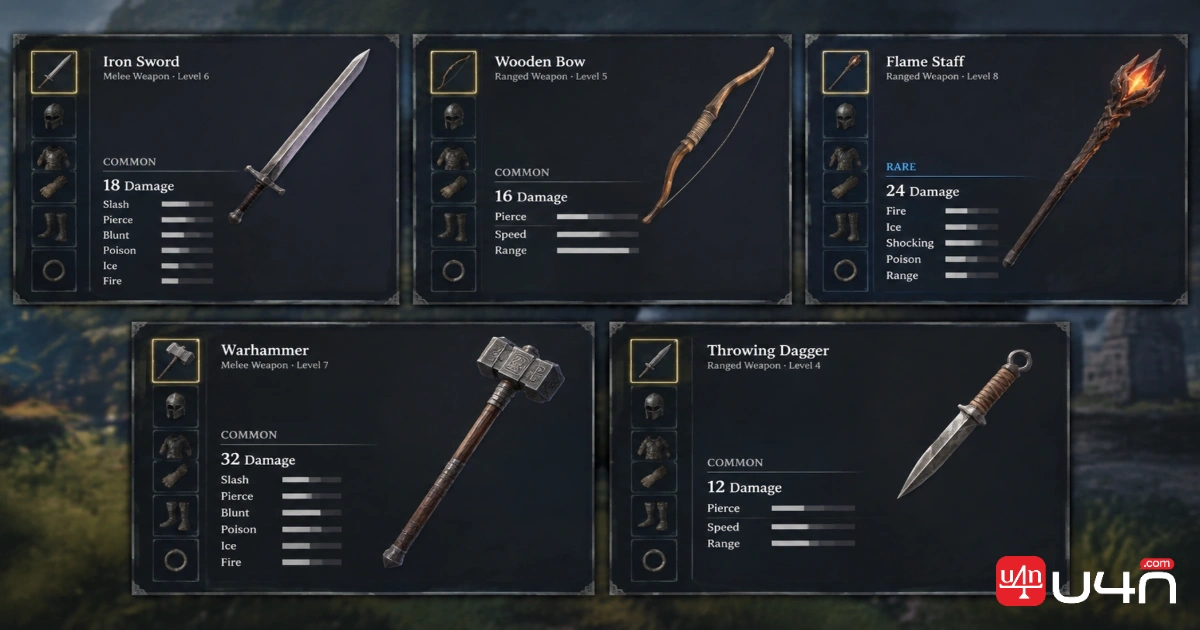 Weapon comparison cards for Coalescent Wand, Shroud Weaver, Wailing Blade, Draconian Bow, and Dreadbane