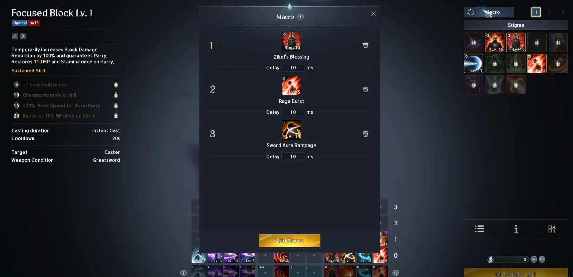AION 2 Gladiator macro interface with Stigma and quick-slot setup