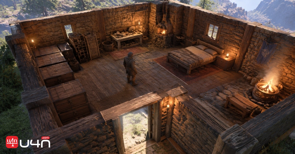 Compact Enshrouded starter base with labeled storage, crafting, and rest areas