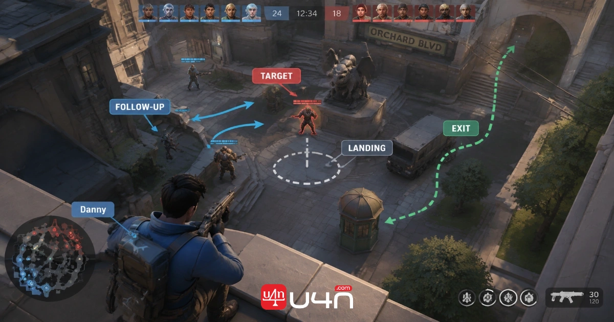 Annotated teamfight showing Danny's target, planned landing, teammate support, and exit route