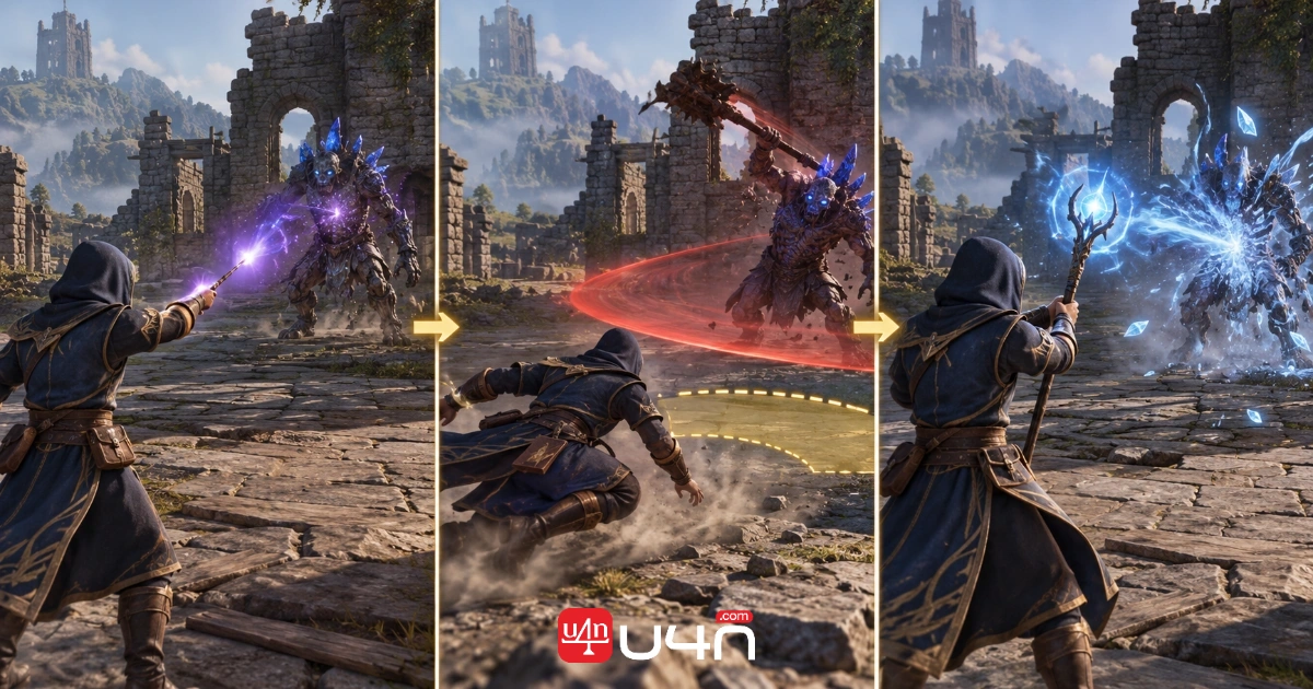 Three-panel combat sequence showing a wand attack, a safe weapon switch, and a staff follow-up