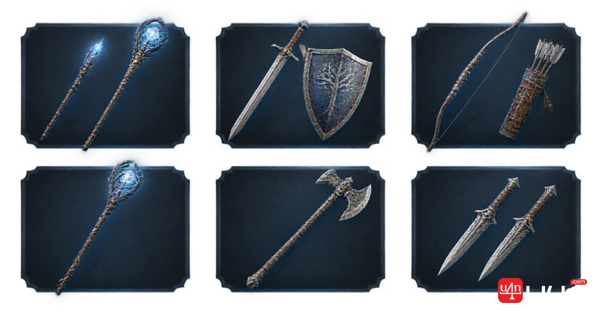 Six equipment cards comparing magic, shield melee, archery, staff casting, two-handed weapons, and daggers